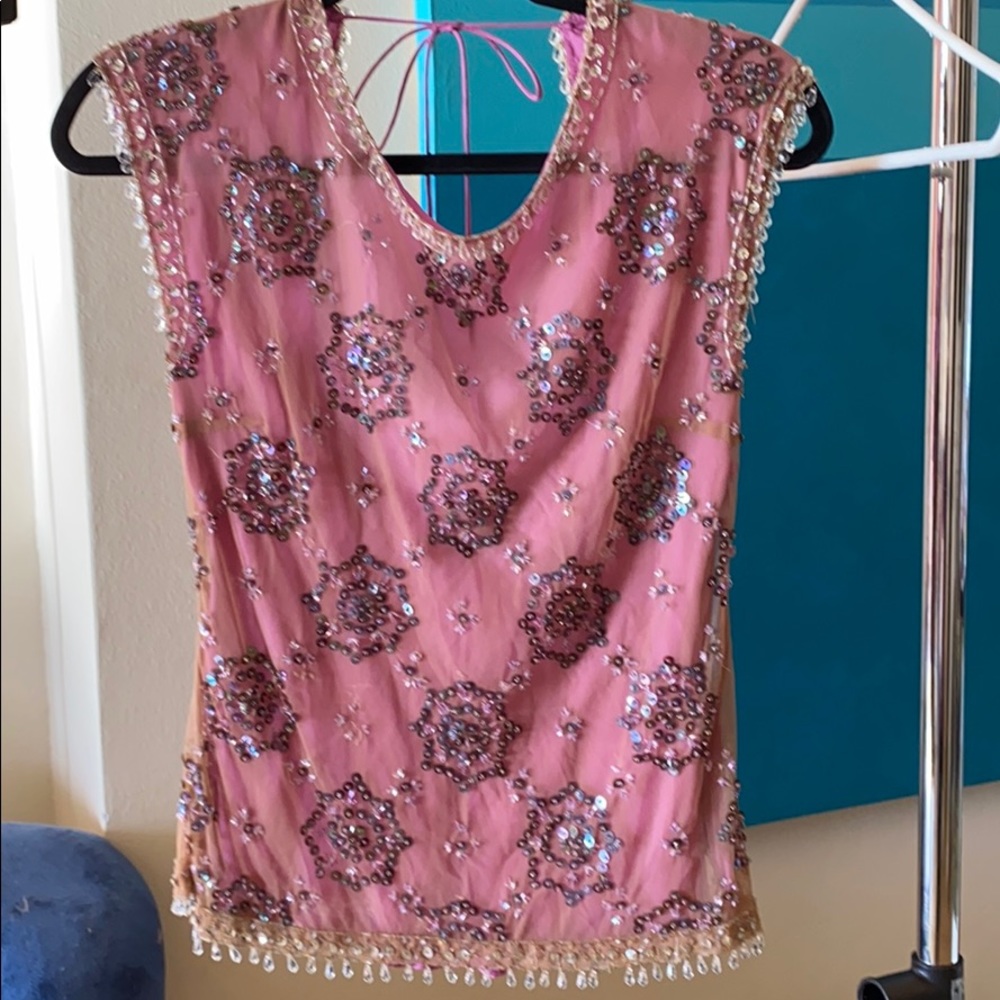 PLENTY  pink mesh & sequin/bead top